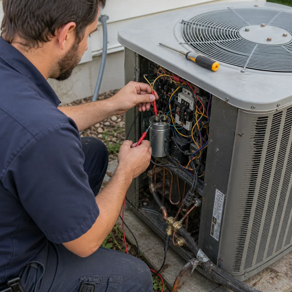 HVAC technician testing electrical components on an outdoor AC unit