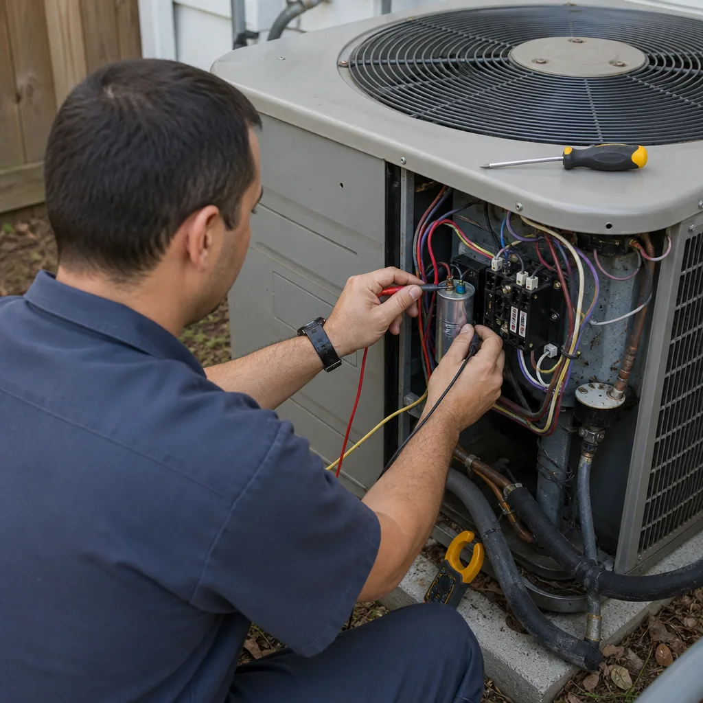 HVAC technician testing an air conditioner capacitor with a multimeter