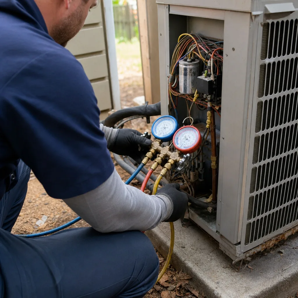 HVAC technician performing professional air conditioning installation and maintenance services