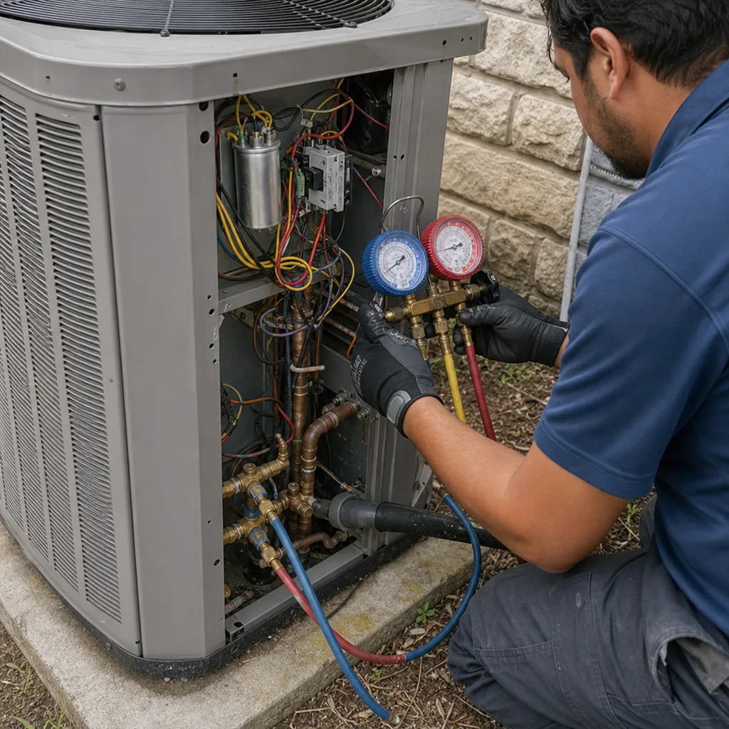 HVAC technician performing professional AC repair using manifold pressure gauges