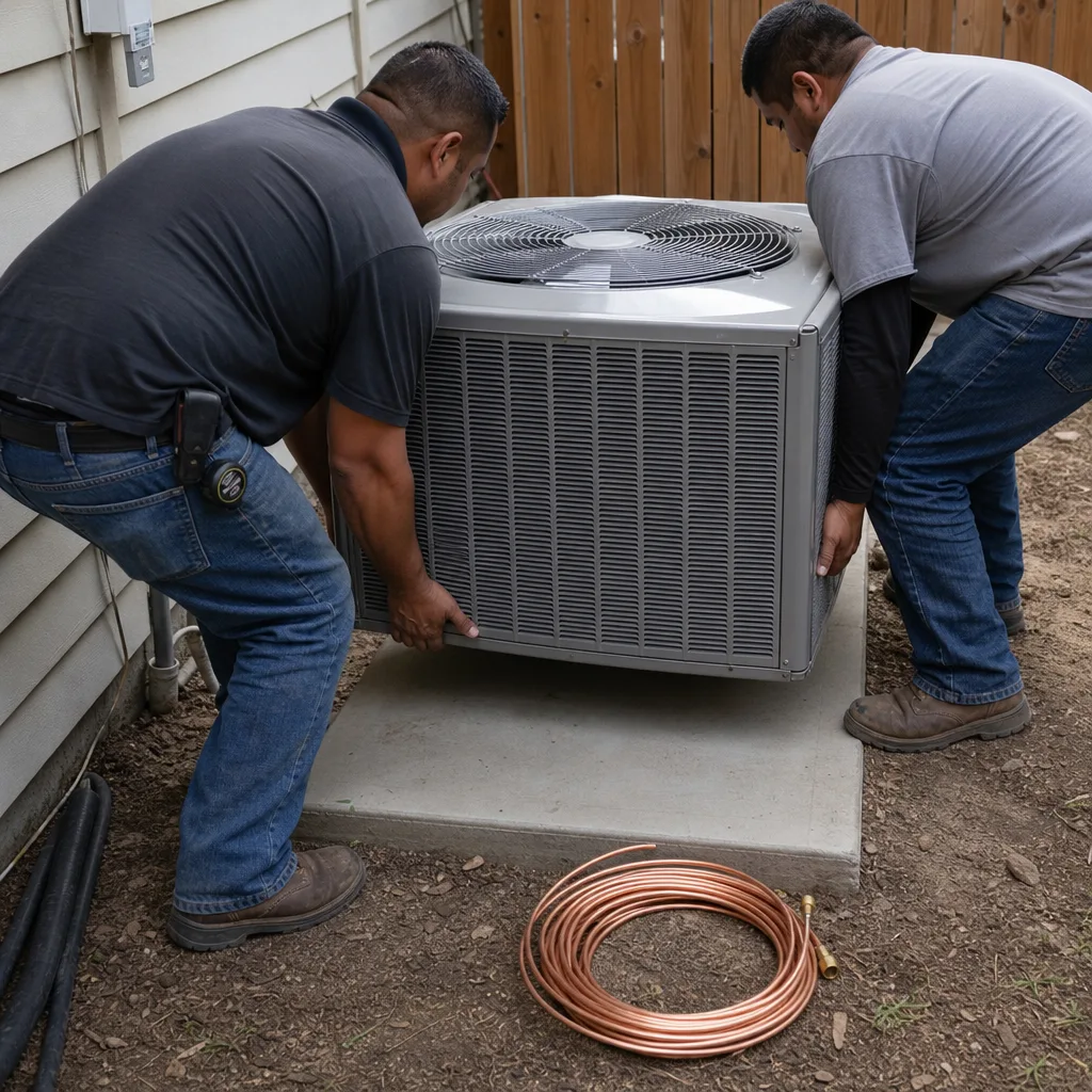 HVAC technicians installing a new outdoor air conditioning unit