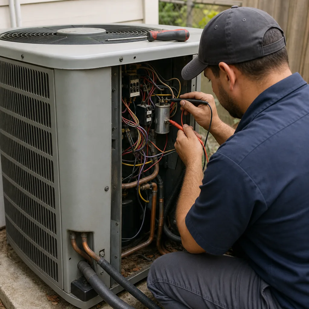 Technician using a multimeter to perform professional residential AC repair