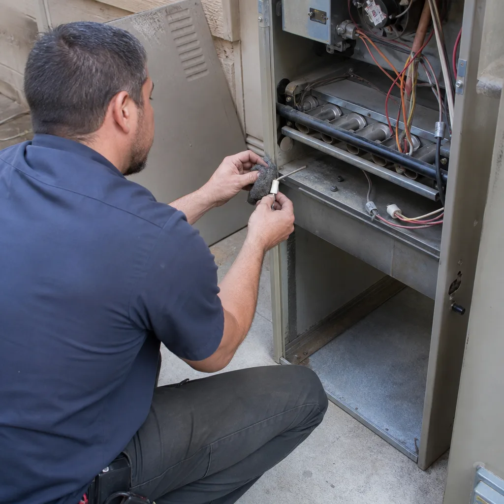 HVAC technician performing professional furnace repair and cleaning