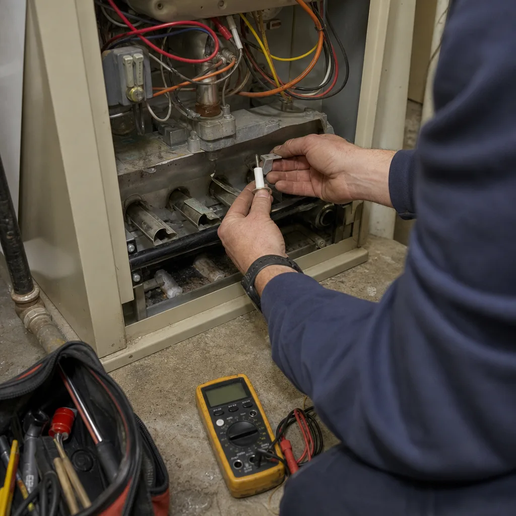 HVAC technician performing a furnace repair with testing tools